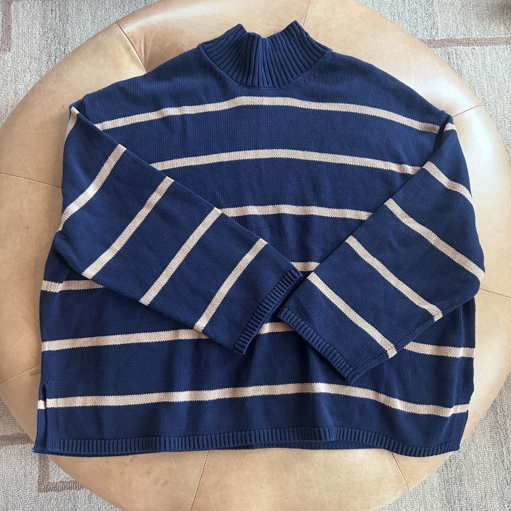 Gap Oversized Striped Knit Sweater Mock Neck Nautical Blue Tan Preppy Women XL